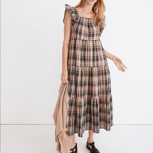 Madewell Flutter-Sleeve Tiered Midi Dress in Plaid